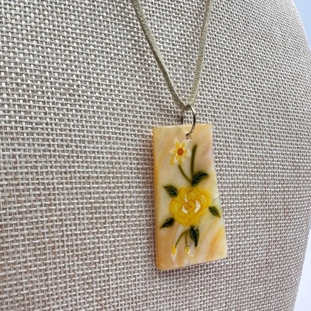 Vintage 90s Mother of Pearl Shell Hand Painted Yellow Rose Pendant Cord Necklace